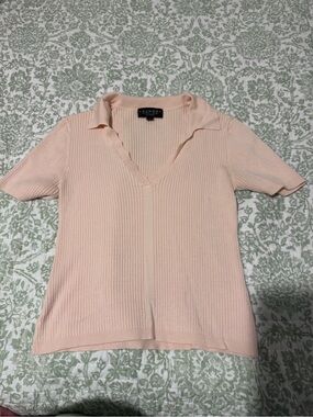 Laundry By Shelli Segal Blush Peach Ribbed Polo V-Neck Short Sleeve Top